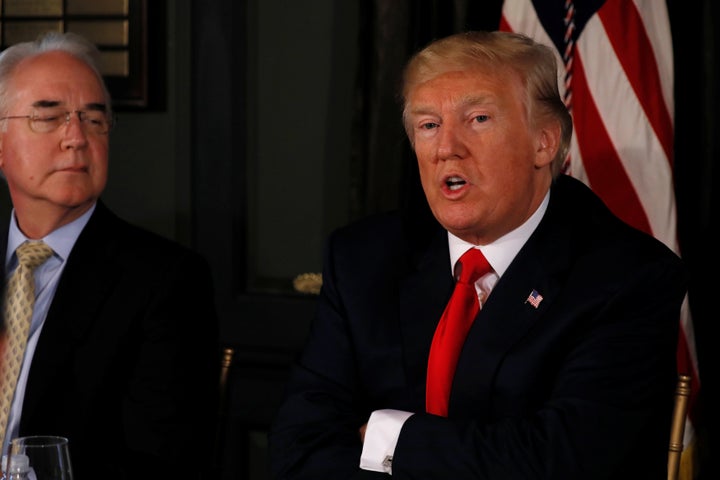 Trump, with Health and Human Services Secretary Tom Price (L), being briefed on the opioid crisis in August.