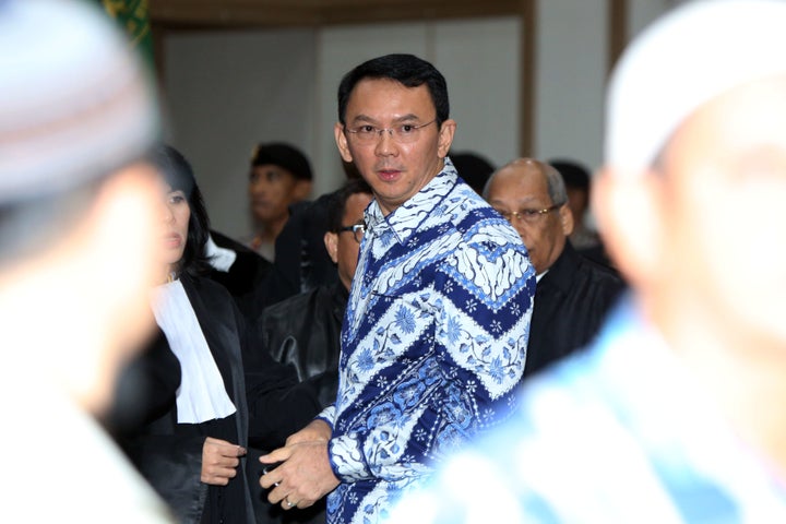 Purnama arrives at a courtroom at the conclusion of his blasphemy trial in Jakarta on May 9.