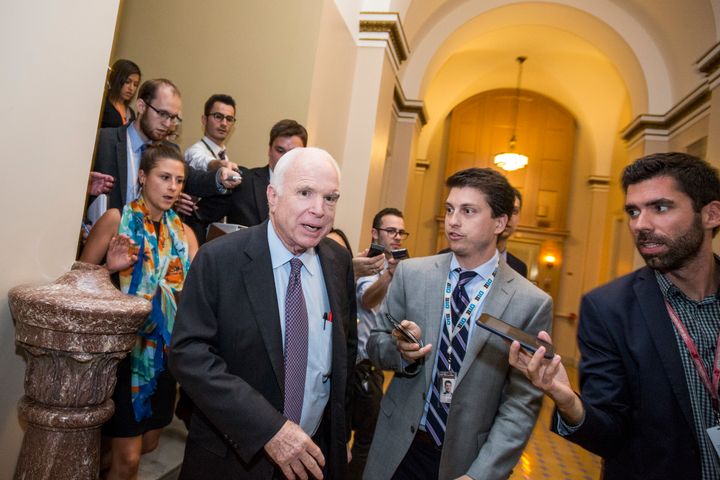 Sen John McCain (R-Ariz.) leaves the Senate Chamber after a vote on a stripped-down version of Obamacare reform on July 28. He was one of three Republican senators to vote against the "skinny repeal."