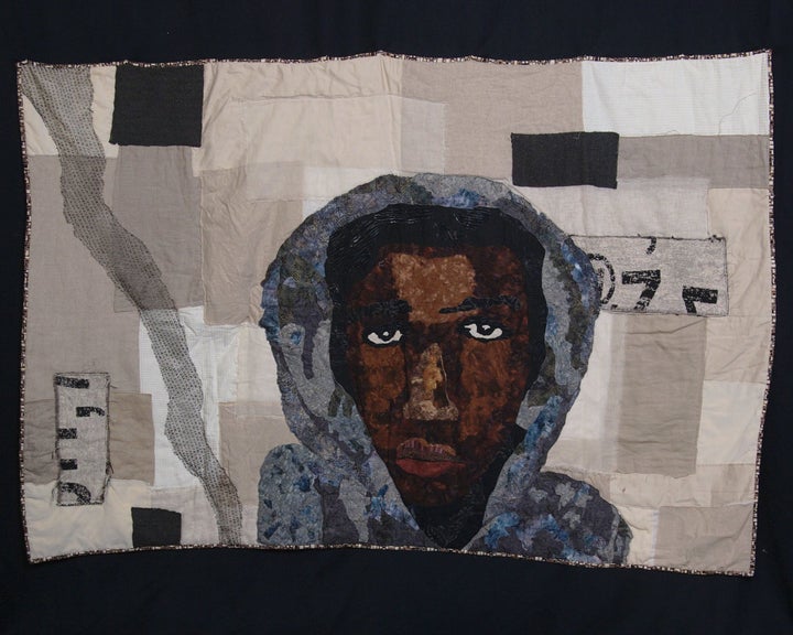 <p><em>RIP Trayvon</em>, Sara Trail’s quilt depicting Treyvon Martin.</p>