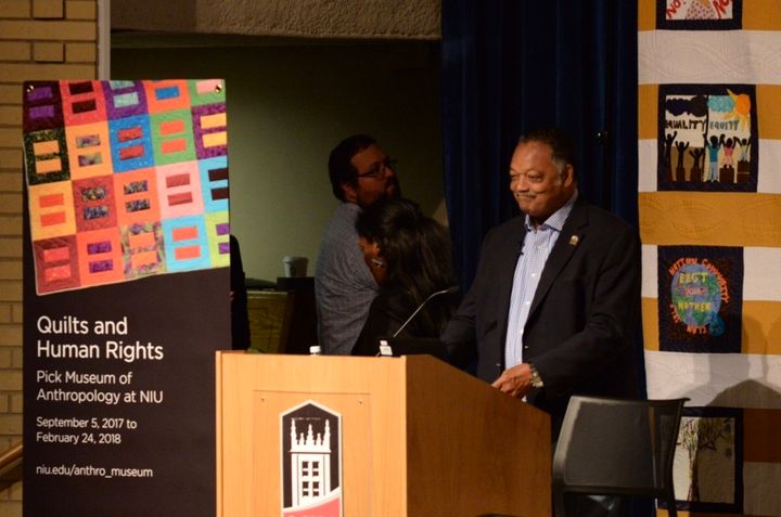 <p>Reverend Jesse Jackson Sr. speaking at the Quilts and Human Rights Exhibition.</p>