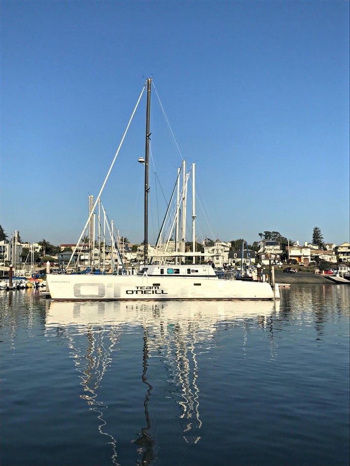 <p>Jack O'Neill's 65-foot catamaran in Santa Cruz Harbor</p>