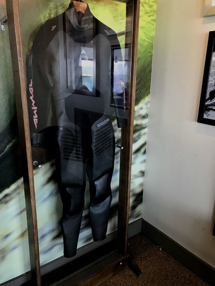 <p>An original O’Neill wetsuit on display at Jack O’Neill Lounge</p>
