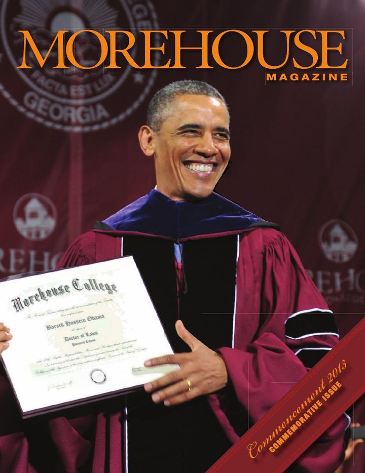 <p>President Obama proudly showcases his honorary Morehouse degree at the College’s Sunday, May 19, 2013 commencement.</p>