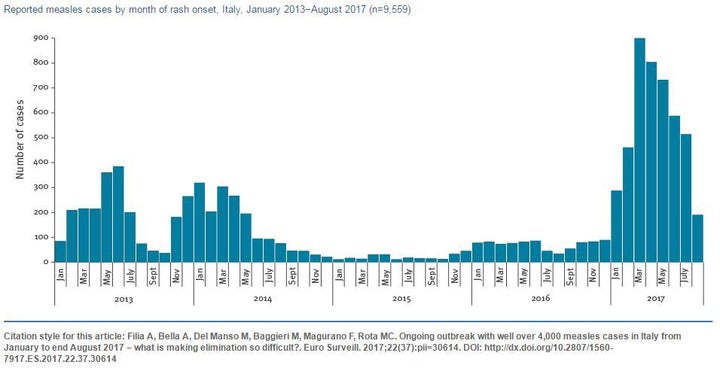 Distribution of measles cases by month of rash onset from January 2013. The peak number of reported cases was reached in March 2017.