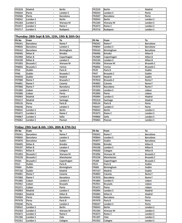 Flights cancelled between Monday September 25 and Saturday October 28 (2/3) 