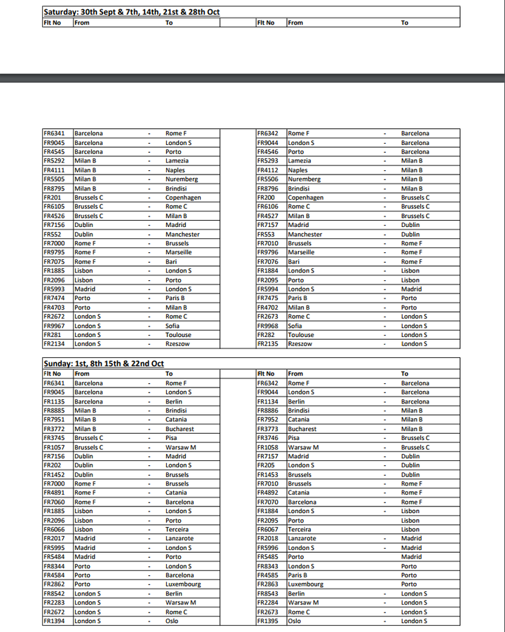 Flights cancelled between Monday September 25 and Saturday October 28 (3/3) 