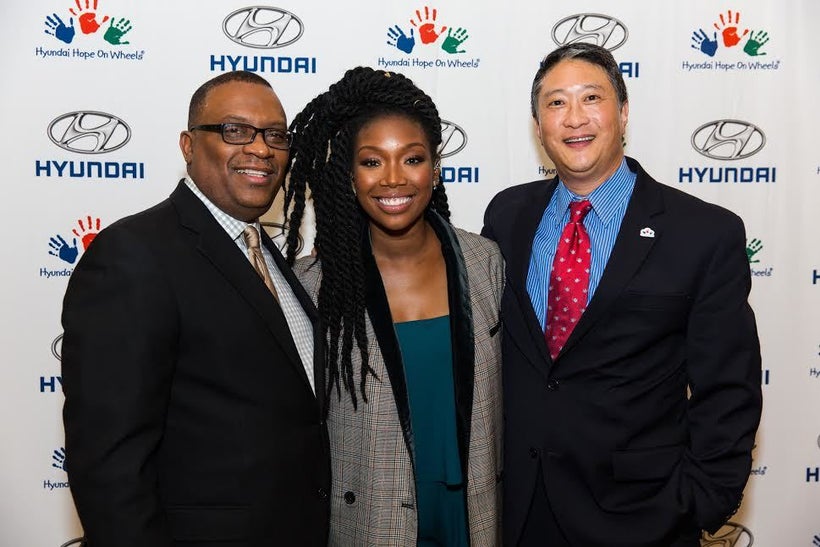(l to r) Zafar Brooks (Hyundai), Brandy, David Kim (Hyundai)