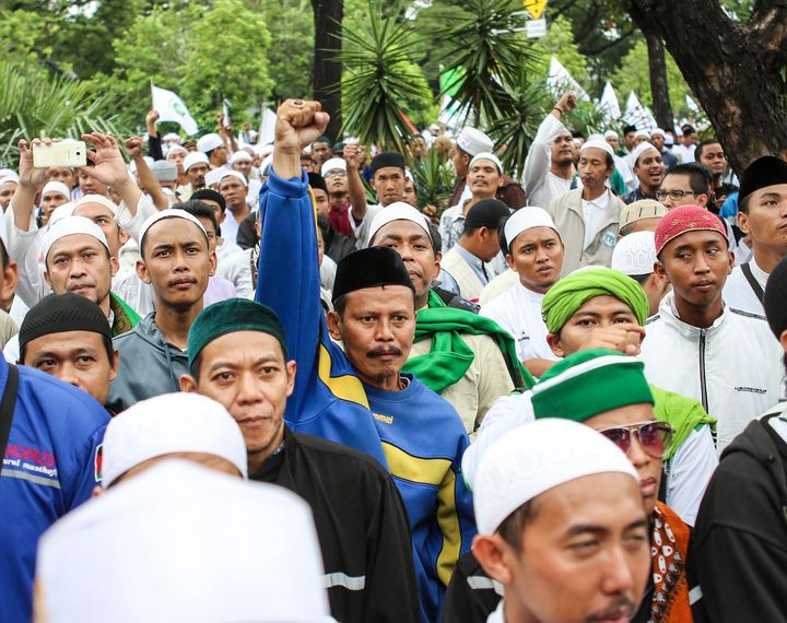 Indonesian members of Islamic Defenders Front, a hard-line Islamist group, at a protest against Basuki Tjahaja Purnama, the governor of Jakarta, on Oct. 14, 2016.