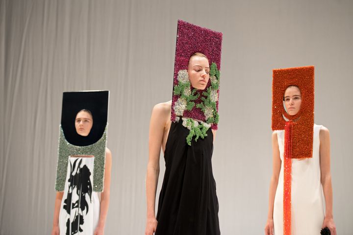 Models present creations by British designer Hussein Chalayan during his catwalk at London Fashion Week on Sept. 17. 