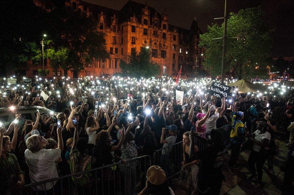 Protesters gather outside the Justice Center in St. Louis in