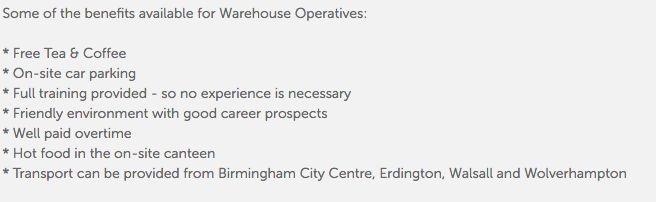 "Transport... from Birmingham City Centre" was listed as a "benefit" of a job at Amazon in Rugeley