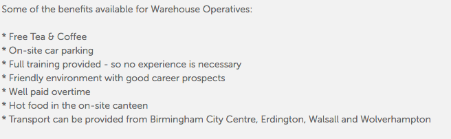 "Transport... from Birmingham City Centre" was listed as a "benefit" of a job at Amazon in Rugeley