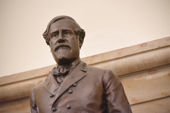 A statue of Confederate commanding general Robert E. Lee is seen in the crypt of the US Capitol in Washington, DC on August 24, 2017. 