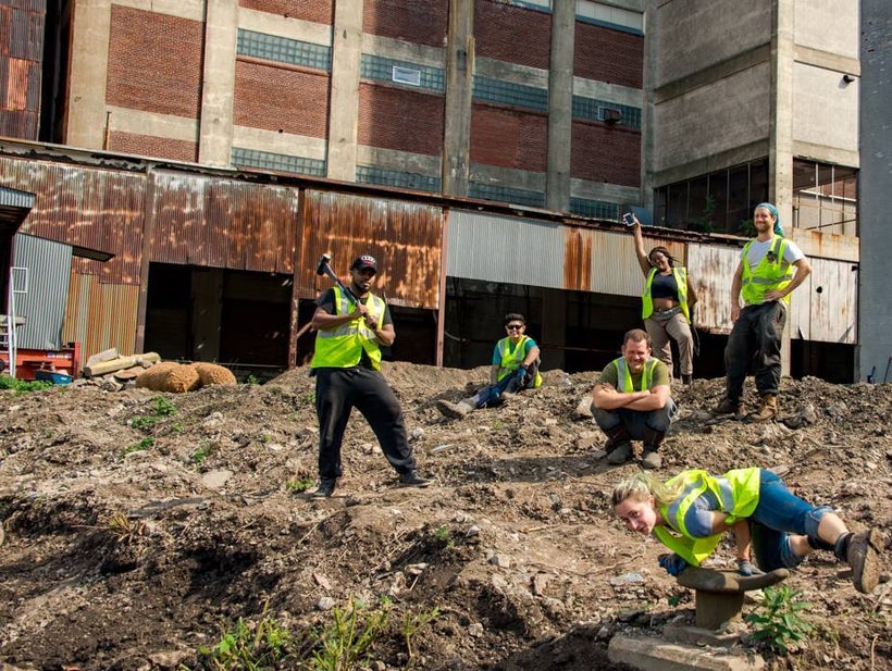 PUSH Blue green infrastructure workers building a park on the Buffalo River