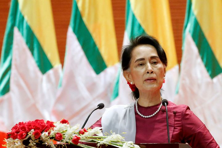 Myanmar State Counselor Aung San Suu Kyi delivers a speech to the nation 