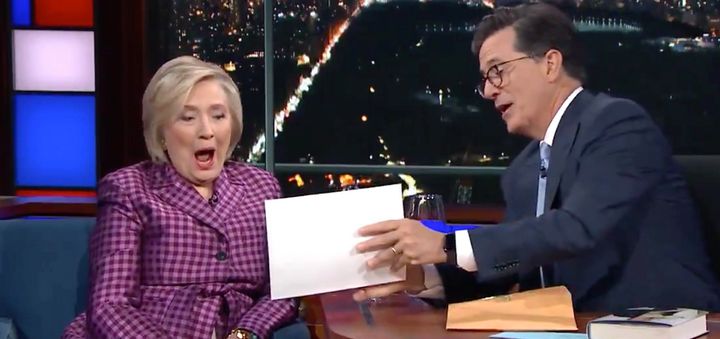 Hillary Clinton sees an unused gag from Stephen Colbert's election night coverage. 