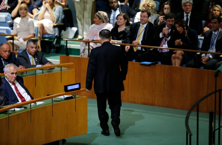 North Korea's Ambassador to the UN, Ja Song Nam, leaves the hall prior to the arrival of US President Donald Trump