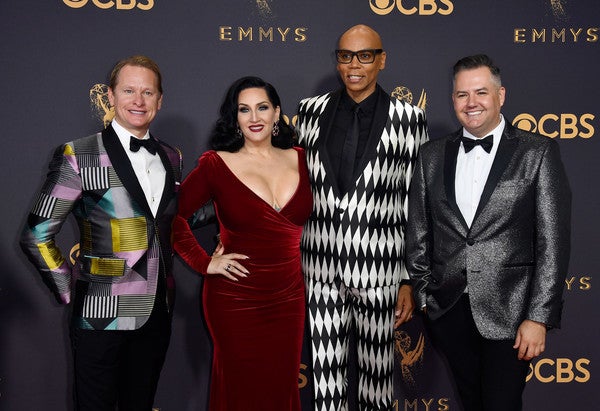 The judges of RuPaul’s Drag Race — Carson Kressley, Michelle Visage, Emmy-winner RuPaul and Ross Mathews — appear together at the 69th-Annual Primetime Emmy Awards.