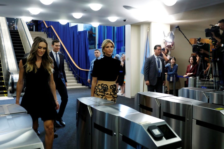 Ivanka Trump (R) and Lara Trump (L) depart after Trump delivered his address.