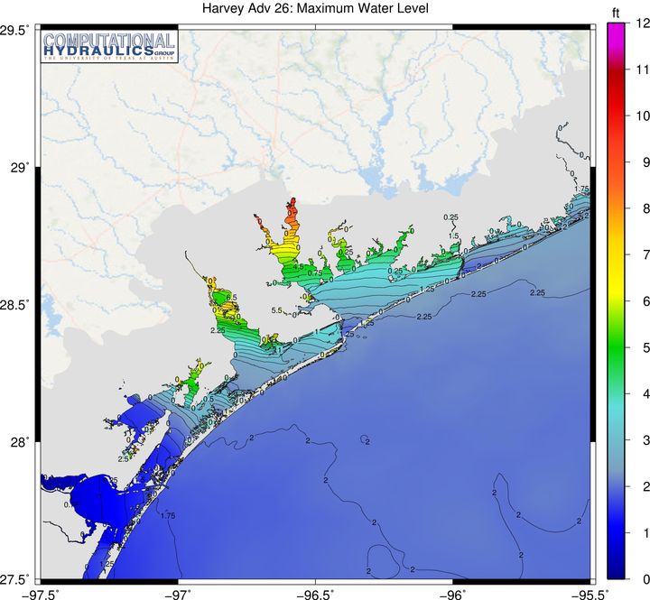 <p>Forecast of Hurricane Harvey’s storm surge based on National Hurricane Center forecast winds Advisory 26 at 8/26/17 16:00 CDT. This forecast was generated using the ADCIRC+SWAN Surge Guidance System (ASGS) on TACC’s Lonestar supercomputer. </p>