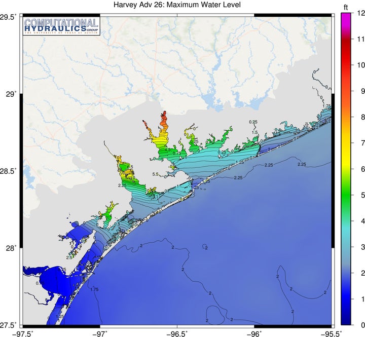 <p>Forecast of Hurricane Harvey’s storm surge based on National Hurricane Center forecast winds Advisory 26 at 8/26/17 16:00 CDT. This forecast was generated using the ADCIRC+SWAN Surge Guidance System (ASGS) on TACC’s Lonestar supercomputer. </p>