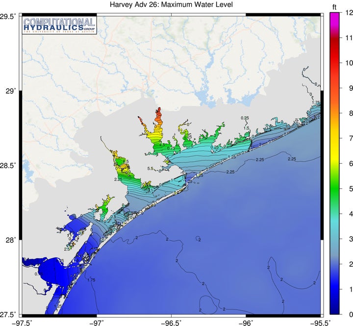 Forecast of Hurricane Harvey’s storm surge based on National Hurricane Center forecast winds Advisory 26 at 8/26/17 16:00 CDT. This forecast was generated using the ADCIRC+SWAN Surge Guidance System (ASGS) on TACC’s Lonestar supercomputer. 