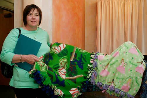 <p>A blanket brigade at work! Adrienne Alexander has been making and donating blankets for 10 years.</p>