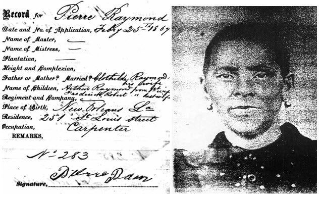 <em>1867 and 1869 Freedman’s Bank record for Pierre/Peter Raymond, and photo of Clothilde, his wife mentioned in these p