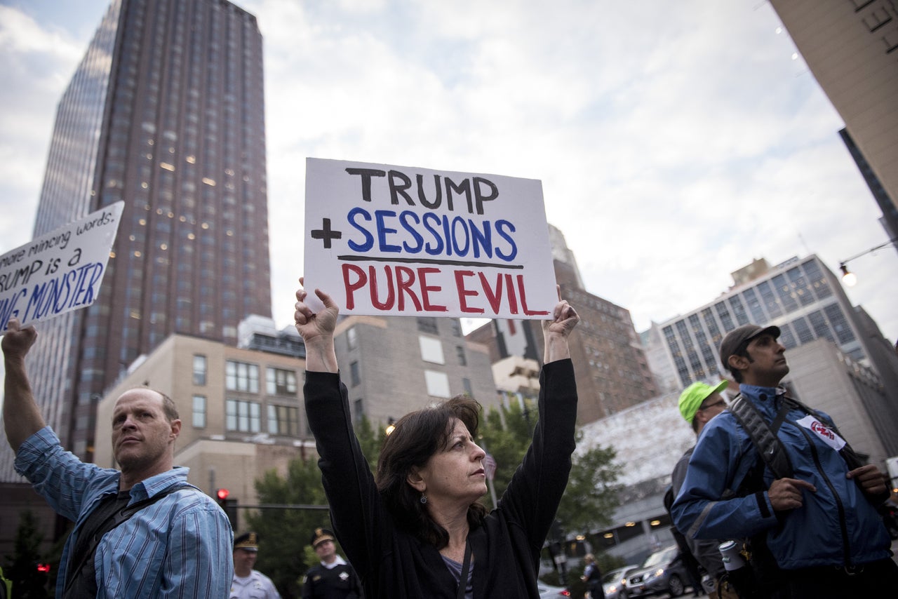 Demonstrators in front of the U.S. Immigration and Customs Enforcement headquarters while protesting the end of the Deferred Action for Childhood Arrivals program in Chicago on Sept. 5, 2017. 