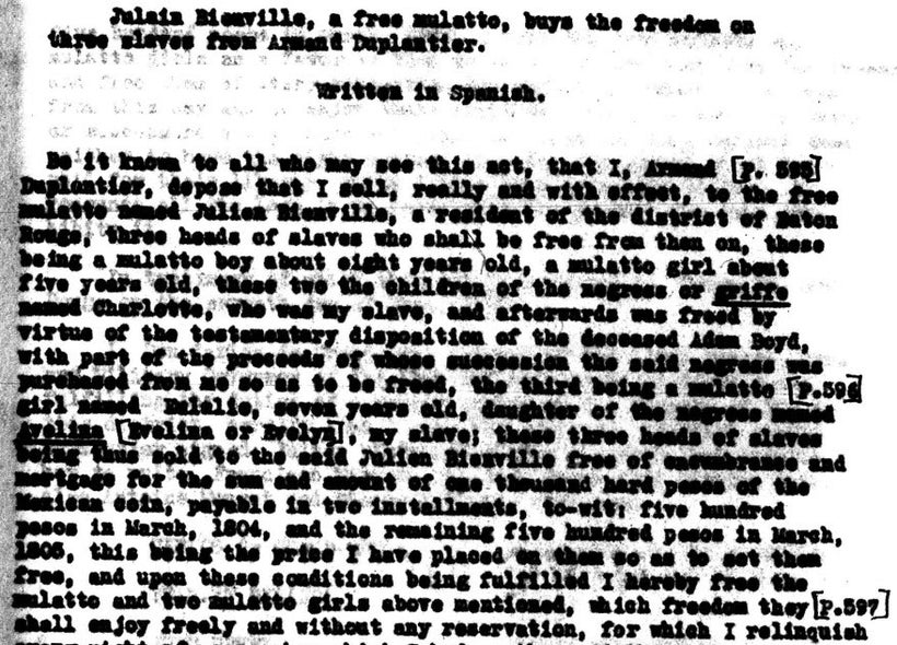 <em>Translation of Spanish document pertaining to Julien Bienville’s freeing of St. Luc and Mary (Source: Archives of the Spa