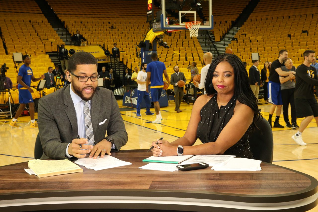 Jemele Hill and her co-host Michael Smith covering the NBA Finals on June 12, 2017.