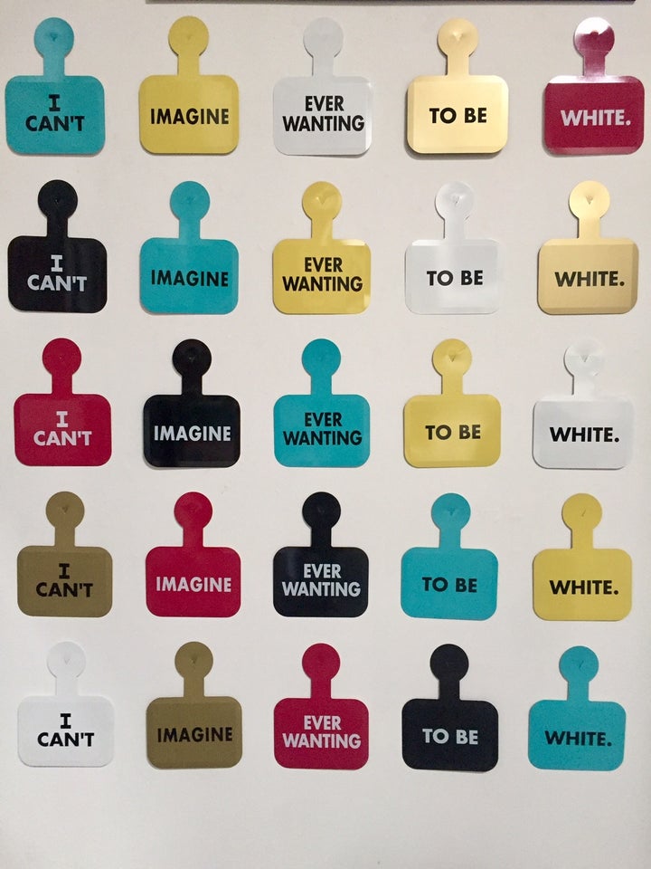 Daniel J. Martinez. I Can’t Imagine Ever Wanting to Be White. Project for the Whitney Biennial, 1993. The show features a complete set of the tags at both small (us used at the museum) and an original set at large scale (shown here).