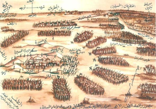 Un dibujo histÃ³rico que muestra el campamento de Hussain rodeado por el ejÃ©rcito de Yazid.