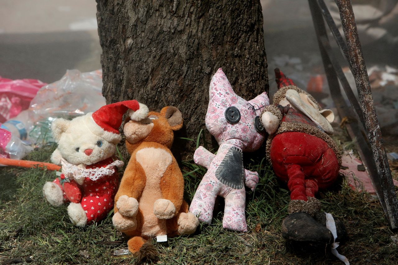 Toys recovered from the rubble of a collapsed building 