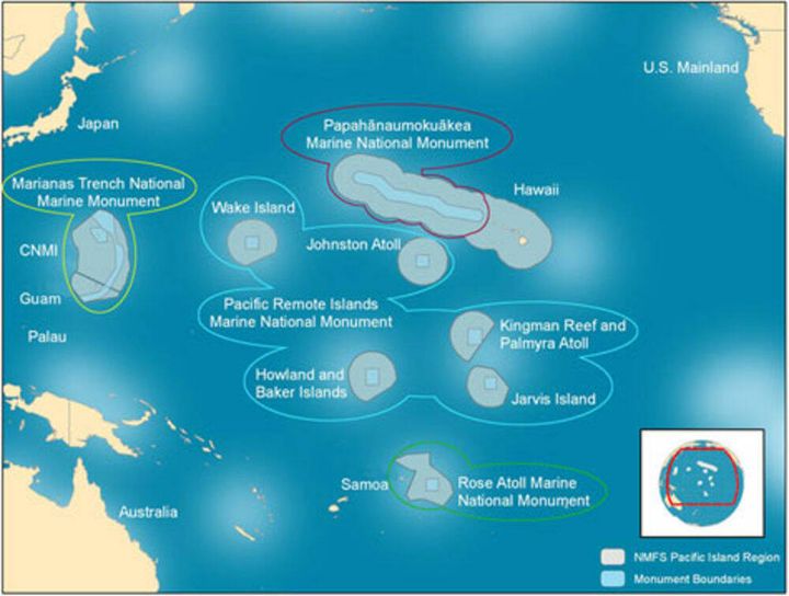 The key exposed areas are near the middle of the Pacific ocean.