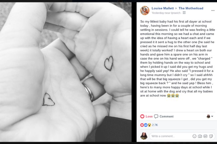 This is the post Louise Mallett shared about her hug button idea in the Facebook page for The Motherload.