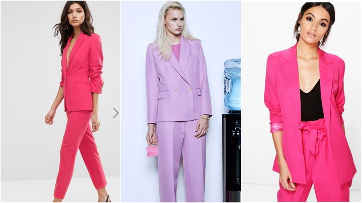 L to R: Millie Mackintosh Wren Blazer & Anoda Pant Co-Ord, $268, Argent Double-Breasted Blazer, $326, Boohoo Violet Premium Tailored Blazer, $30