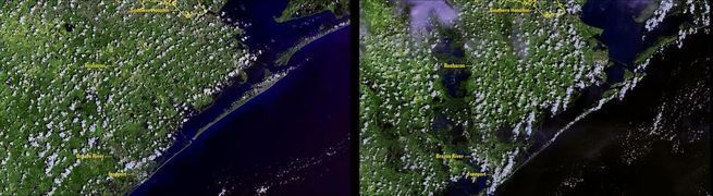 Texan coastline before and after Harvey swept through in late August. The Brazos River can be seen flooding in the after shot.