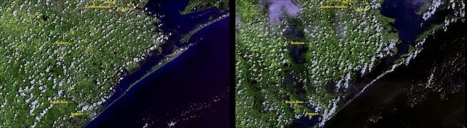 Texan coastline before and after Harvey swept through in late August. The Brazos River can be seen flooding in the after shot