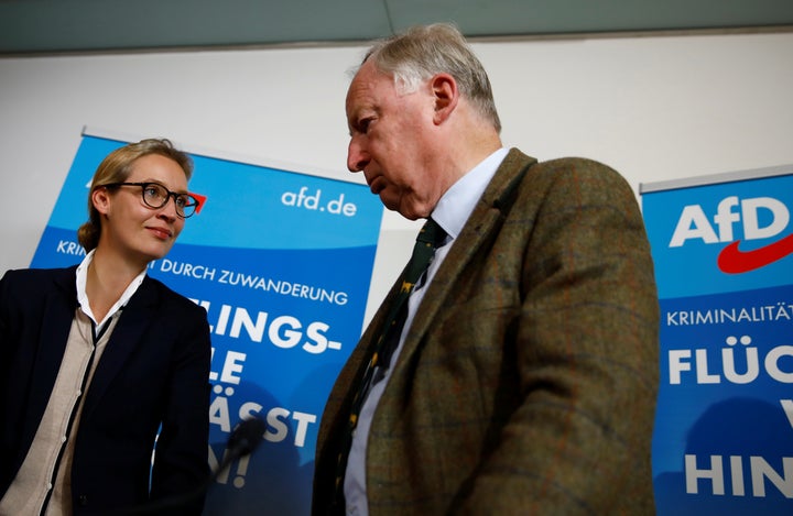 The AfD's two lead candidates, Alice Weidel and Alexander Gauland, attend a news conference in Berlin on Sept. 18,