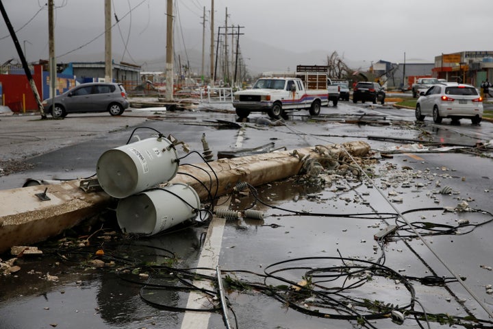 Damaged electrical installations are seen after the area was hit by Hurricane Maria in Guayama, Puerto Rico, Sept. 20, 2017.