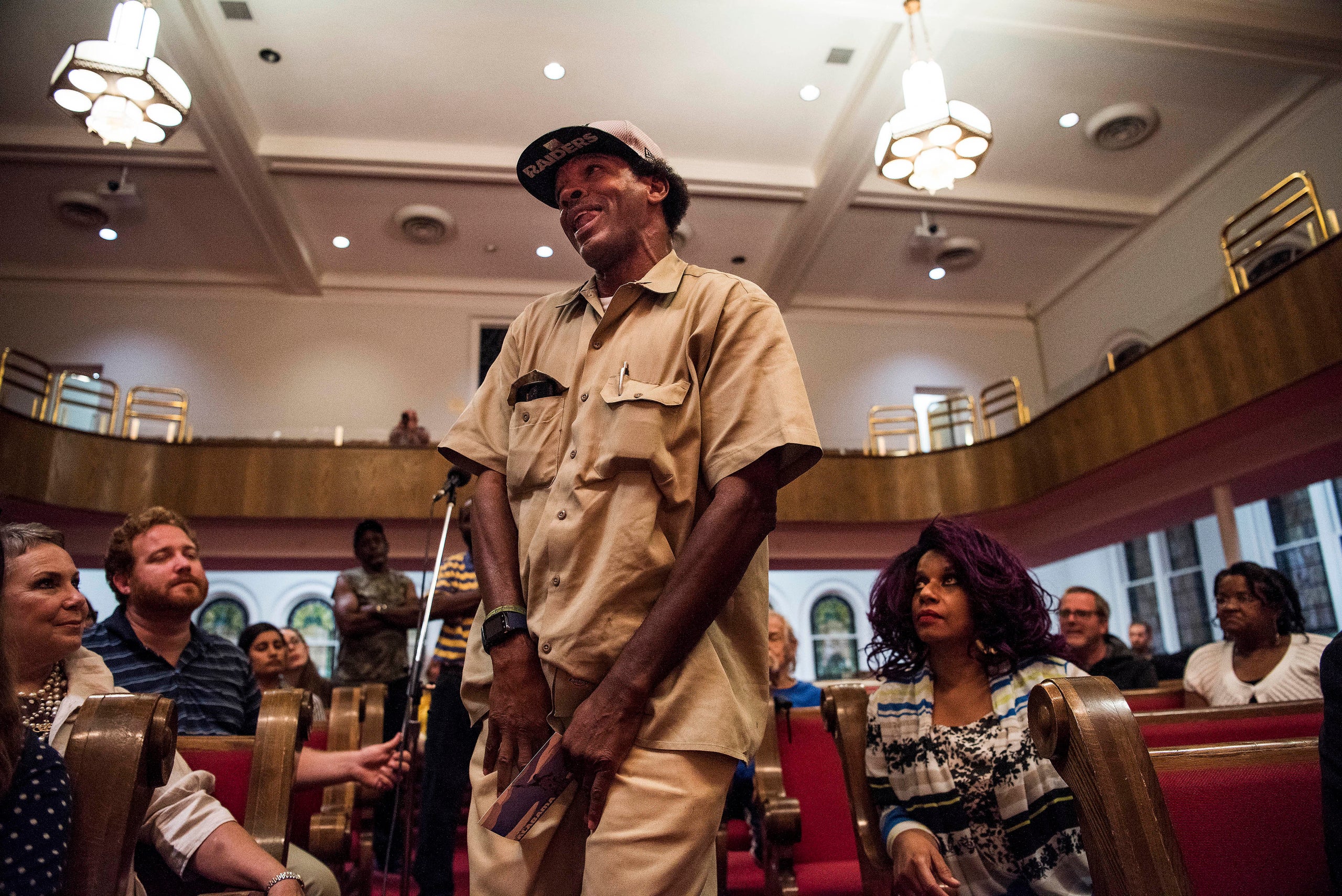 A.J. Johnson speaks to moderator Sarah Verser and panelists David Luker, Danny Carr, Henry Irby, Carolyn Johnson, Jarralynne
