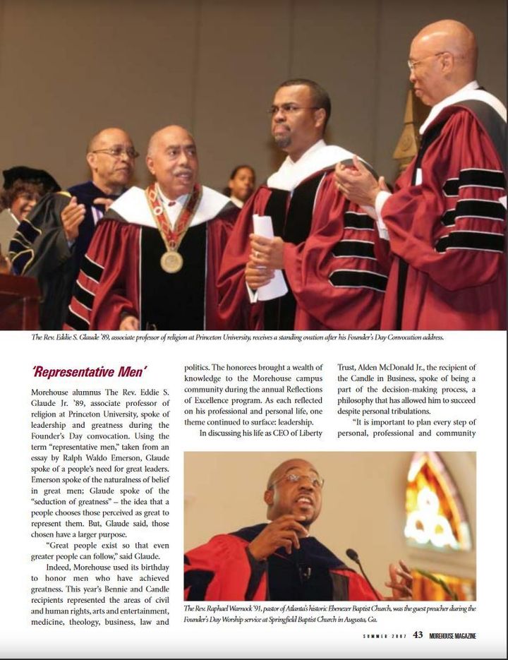 <p>Dr. Eddie S. Glaude Jr. ‘89 receives a standing ovation after his February 2007 Founder’s Day Convocation address at Morehouse, while President Walter Massey ‘58 and Trustee Robert C. Davidson Jr. ‘67 look on approvingly. </p>