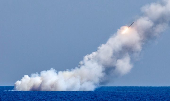 File photo from Sept. 14, 2017 shows Russian submarines fire Kalibr cruise missiles from the eastern Mediterranean at Islamic State militants' bases in Syria.