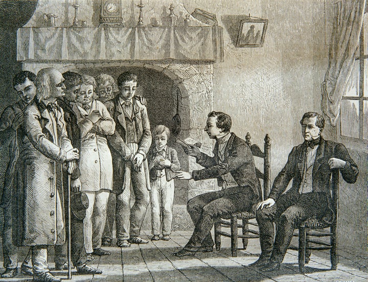 An engraving of Joseph Smith reading the Book of Mormon.