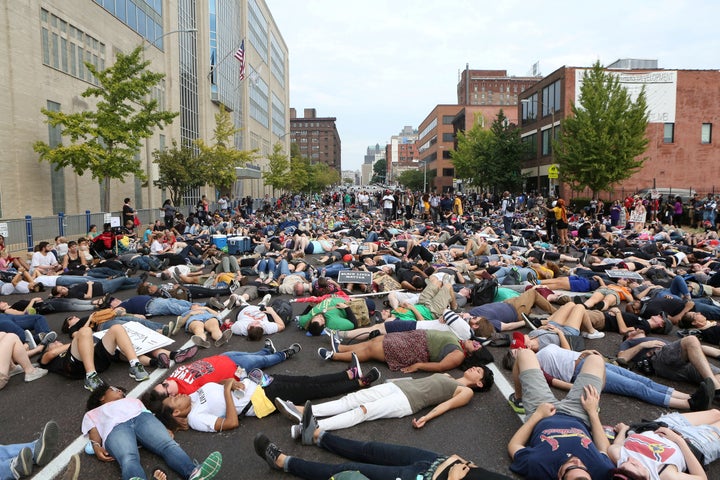 Protesters outside police headquarters after the not-guilty verdict in the murder trial of Jason Stockley, a former St. Louis police officer charged with the 2011 shooting of Anthony Lamar Smith, Sept. 17, 2017. 