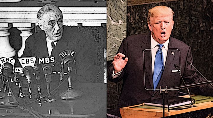 Left: U.S. President Franklin D. Roosevelt speaks to the nation in 1942. Right: U.S. President Donald Trump addresses the U.N. in 2017.