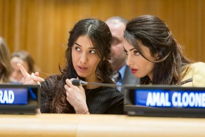 Nadia Murad and Amal Clooney at event in March by the UN Office on Drugs and Crime.