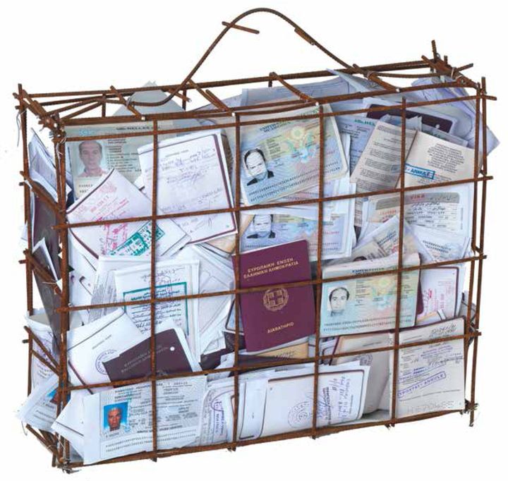 Passage PT, iron and passport documents, 44 x 50 x 15 cm